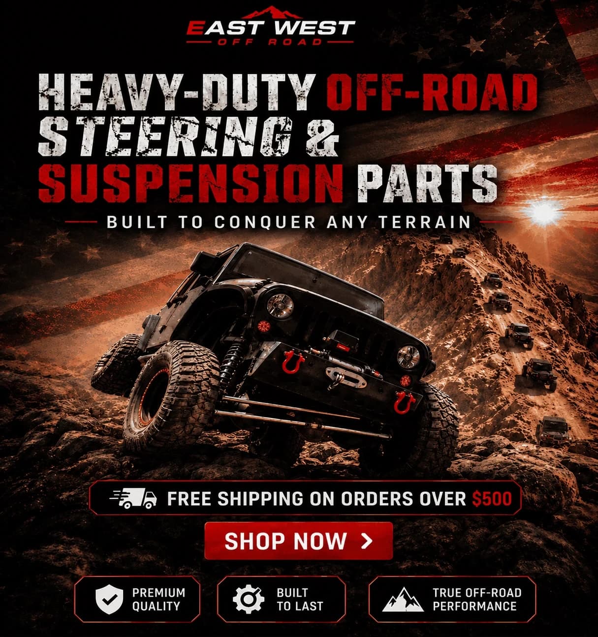 Mobile promotional banner for East West Off Road featuring heavy-duty steering and suspension parts, off-road Jeep, premium quality components, and free shipping over $500.